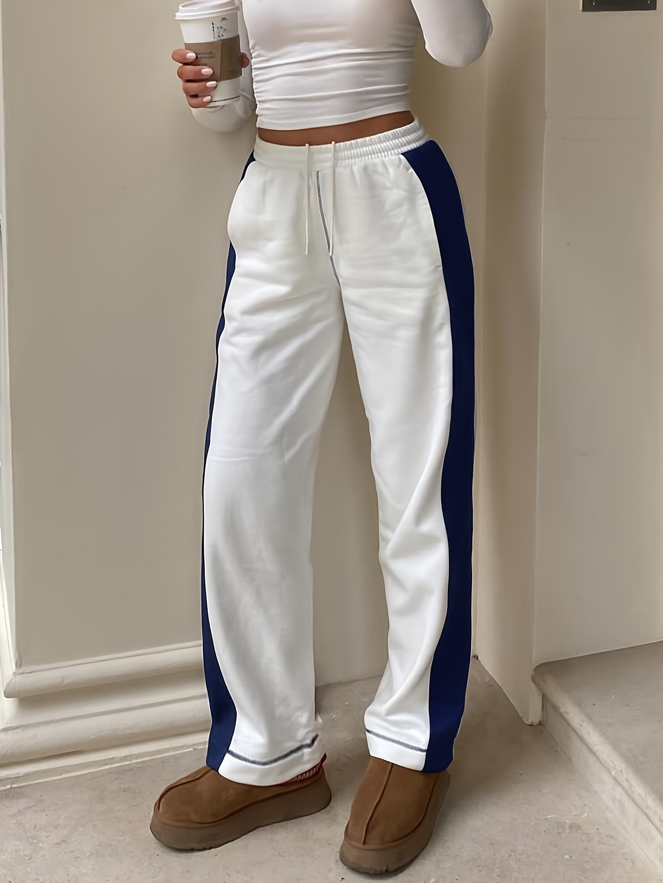 Blue And White Striped Dual Color Drawstring Pants, Versatile Comfy Loose  Straight Leg Sweatpants For Fall & Winter, Women's Clothing