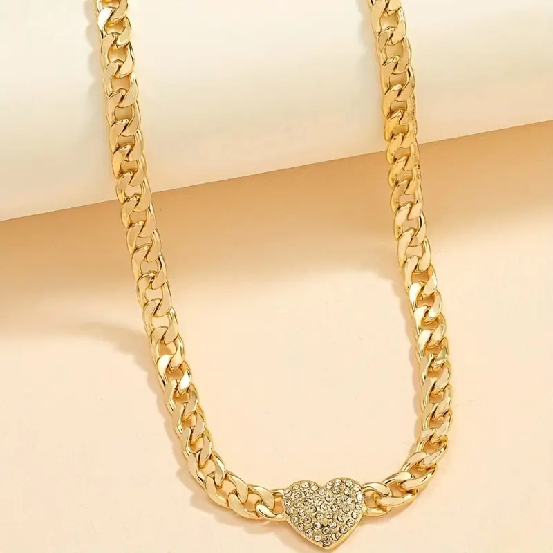 golden hip hop style chunky chain love heart charm choker inlaid rhinestones unisex neck jewelry party favors details 4