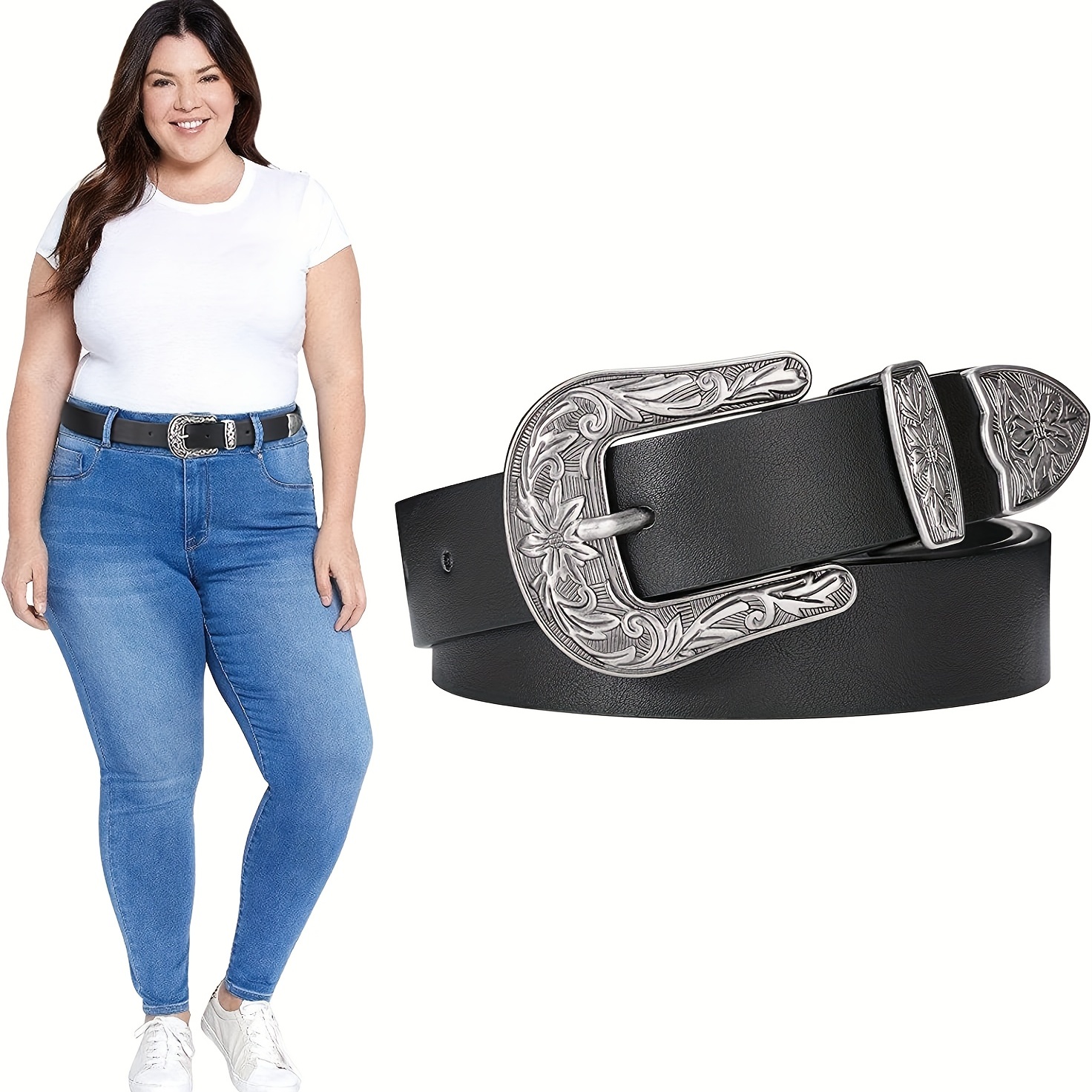 Vintage Silvery Buckle Wide Belt Women's Simple Stylish Pu - Temu