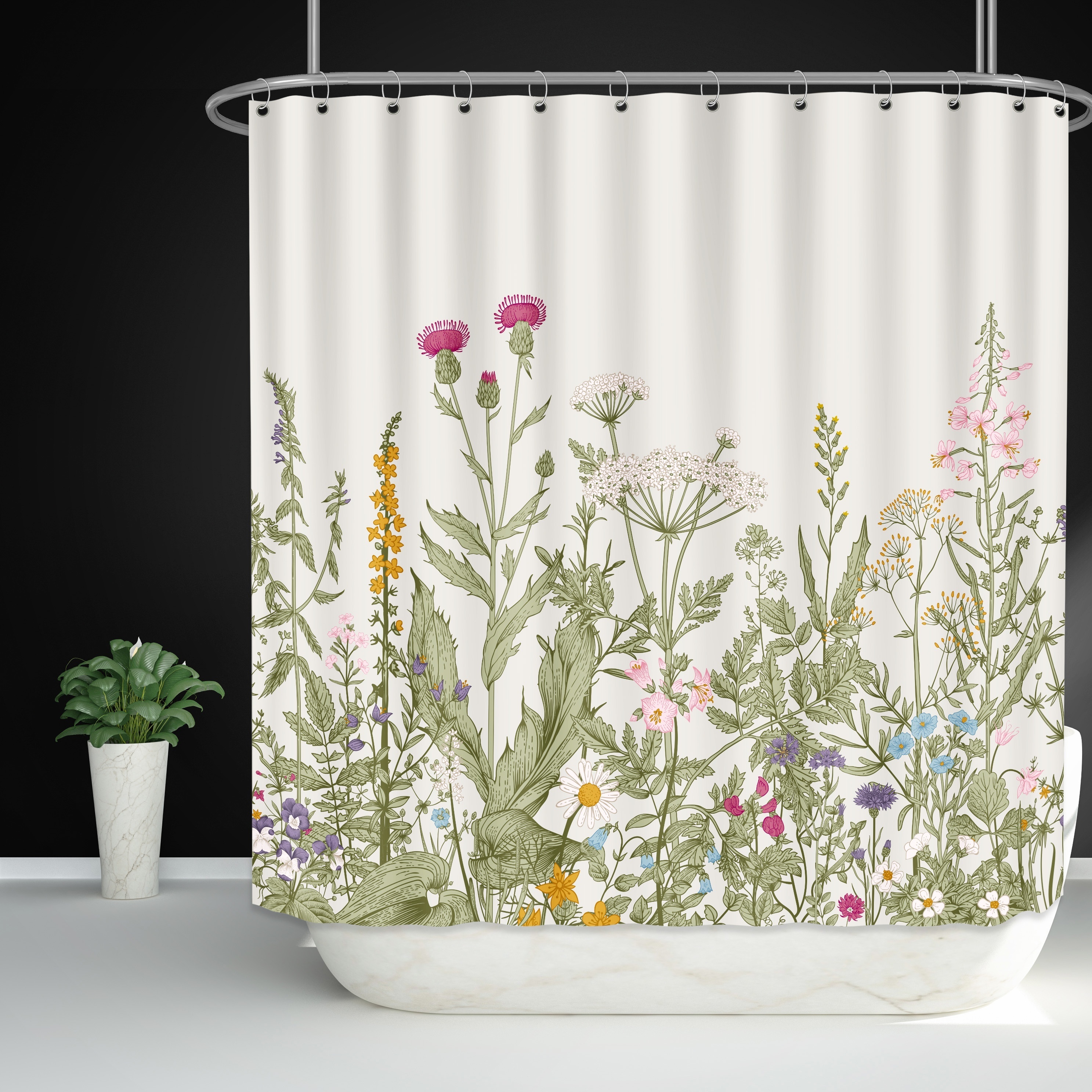 Waterproof Shower Curtain With Botanical Floral Sage Herb Pattern And 12  Plastic Hooks - Enhance Your Bathroom Decor And Protect Your Floors - Temu