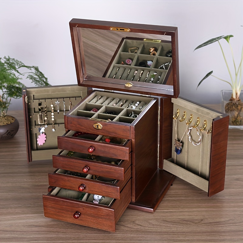  Joyero organizador de cajas de joyería para mujer, joyero  vintage con cajones y organizador grande de joyas de madera para collares,  aretes, relojes, cajas de joyería y organizadores (tamaño mediano) 