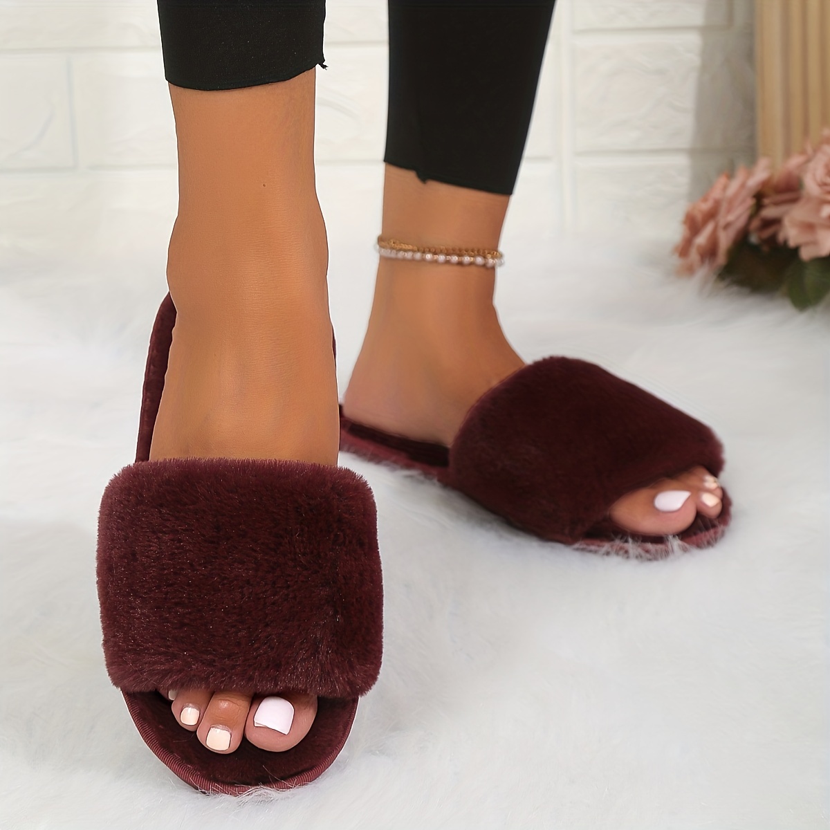 winter fuzzy slippers solid color open toe single - Temu Australia