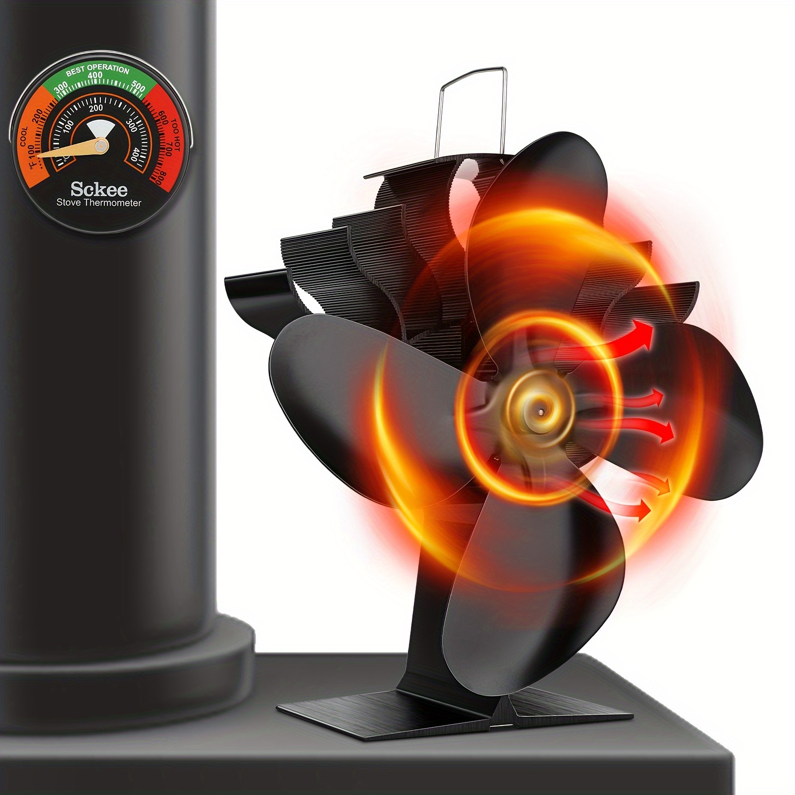 Ventilador de estufa de leña de 4 aspas, ventilador de chimenea alimentado  por calor con termómetro magnético para estufas de gas, pellets, log/leña