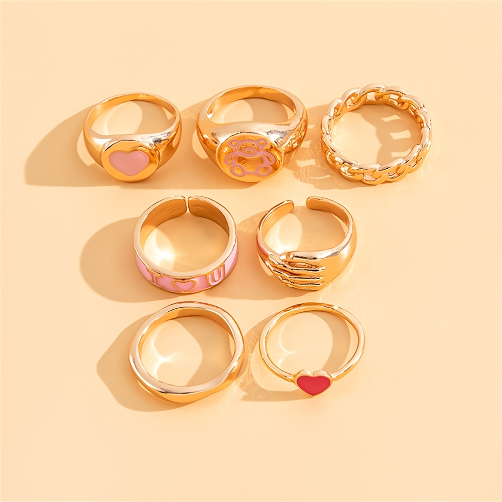 Golden Vintage Stackable Rings Cute Design Love Bear Temu