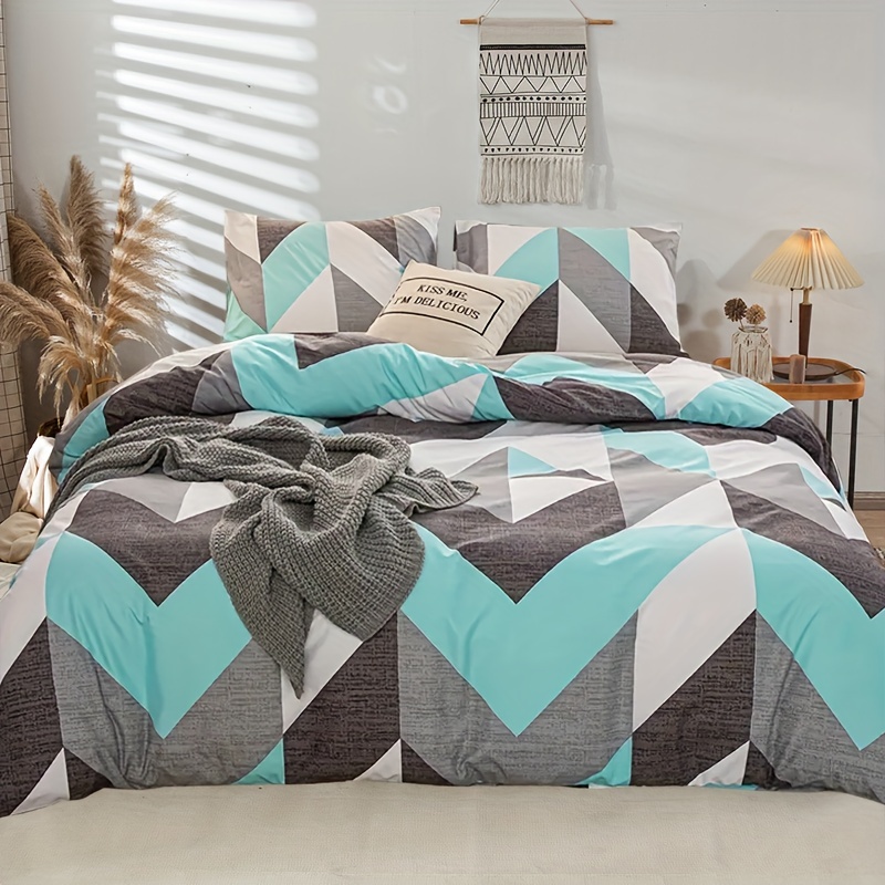 Image of 3pcs Color Block Printed Duvet Cover And Pillowcase Set (1pc Duvet Cover And 2pcs Pillowcases, No Filler), Skin-friendly And Comfortable Fabric, Suitable For Bedroom Bedding