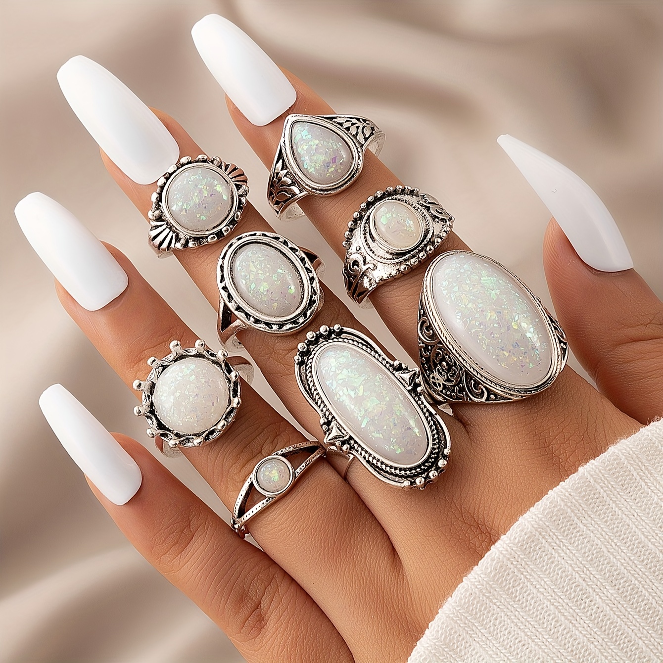 

Vintage Geometric Round Simulated Opal Gemstone Stackable Knuckle Rings 8pcs/set
