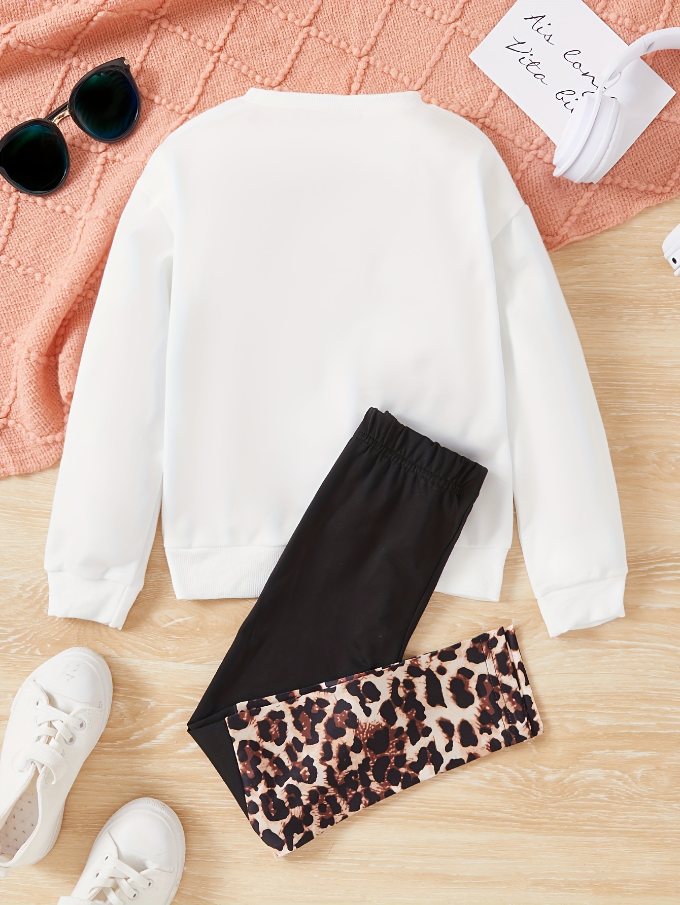2-piece Kid Girl Letter Leopard Print Colorblock Hoodie Sweatshirt and Pants Set