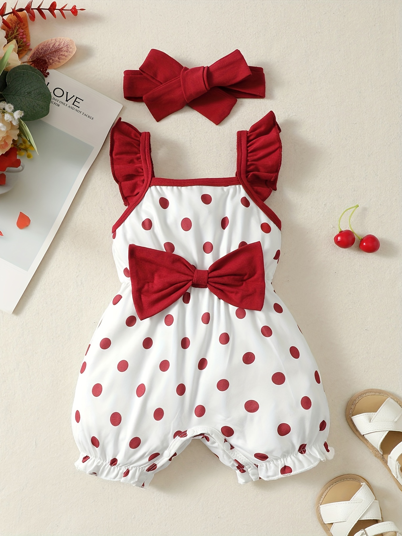 Baby Girls Puff Sleeve Romper Dress With Polka Dot Print - Temu