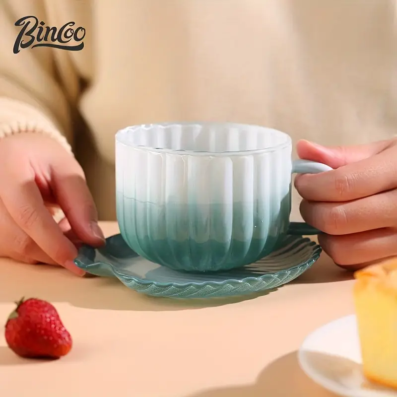 bincoo creative seashell coffee cup and saucer set unique glass mug 420ml details 5