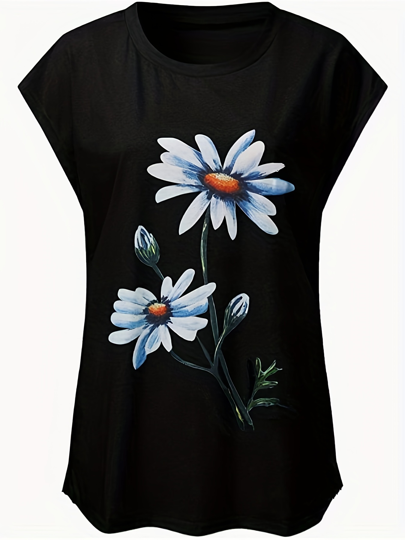 Floral Print Cap Sleeve Top Summer Crew Neck Casual Top