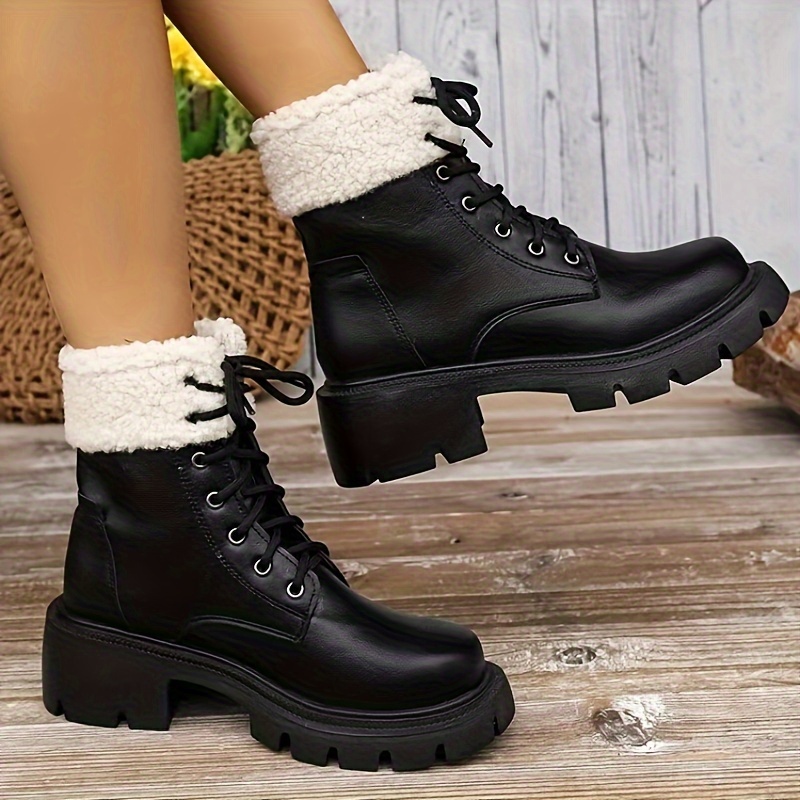 Women s Chunky Heel Shot Boots Fashion Lace Plush Lined Temu