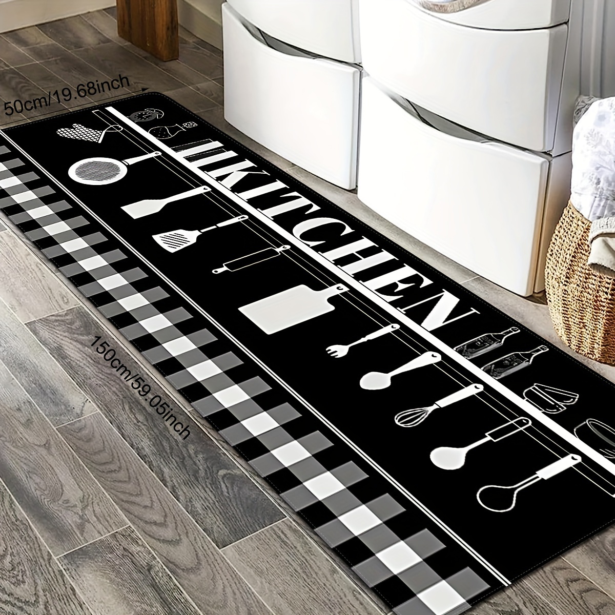 Modern Kitchen Decor Area Rug, Kitchenware Checkered Print Carpet