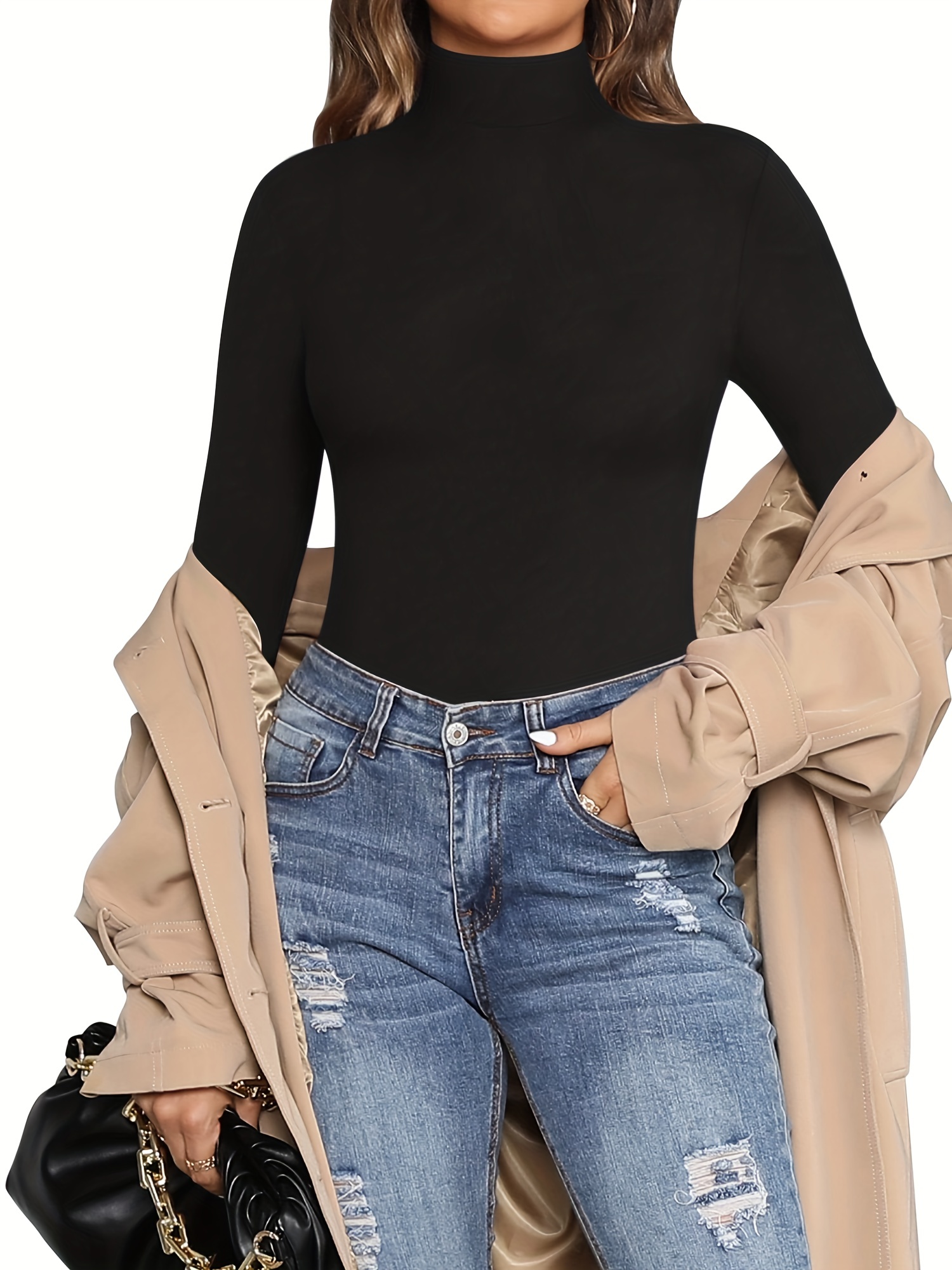 Solid Turtle Neck Bodysuit Casual Long Sleeve Slim Bodysuit - Temu Canada