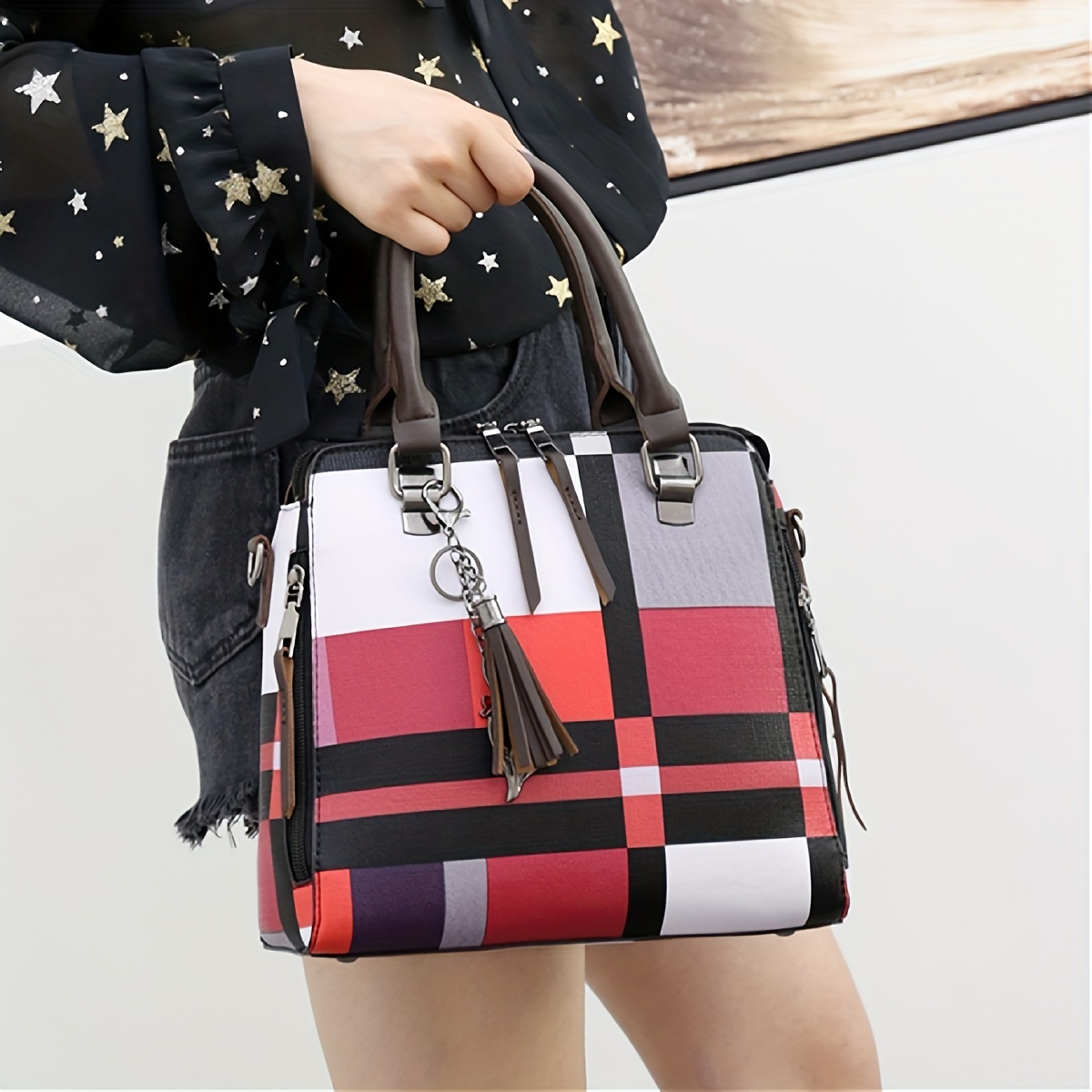 Plaid Pattern Handbag Set, Women's Fashion Colorblock Tote Bag