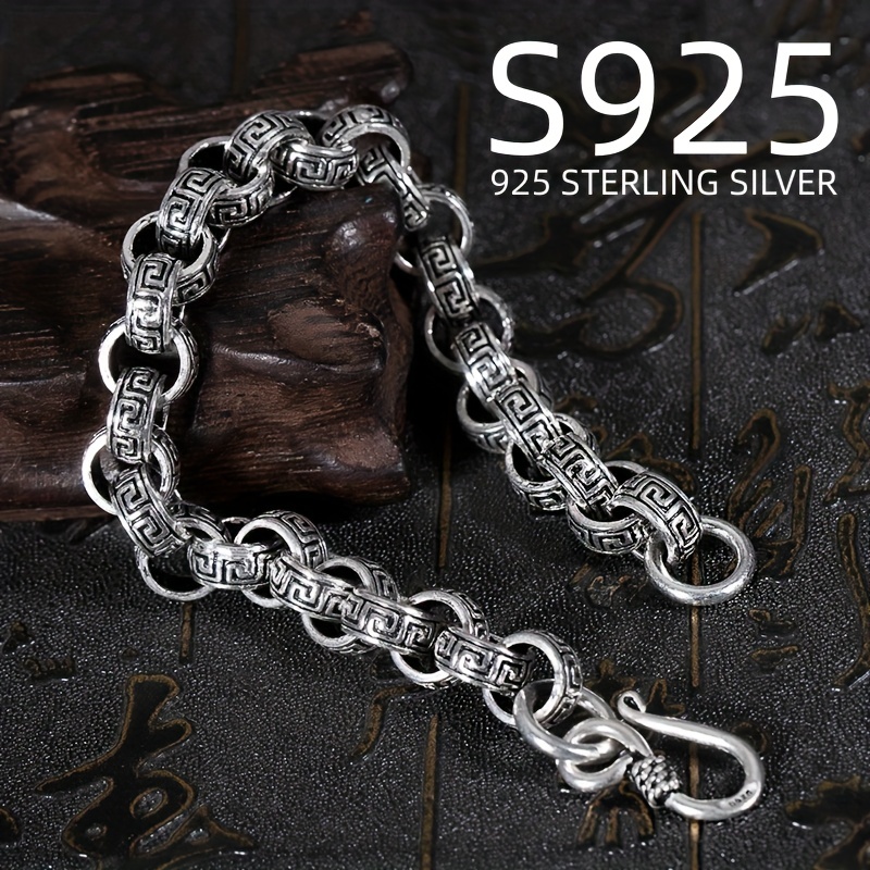 925 Sterling Silver Ancient Boys Cuban Chain Tank Bracelet Men Hip