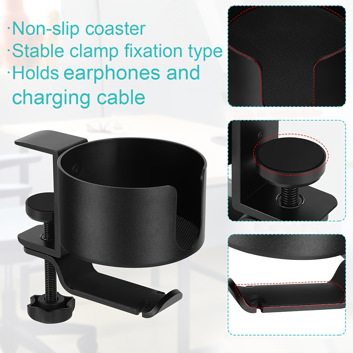 Desk Cup Holder,2 in 1 Desk Cup Holder with Headphone Hanger, Anti-Spill  Cup Holder for Desk or Table, Easy to Install, Sturdy and Durable 