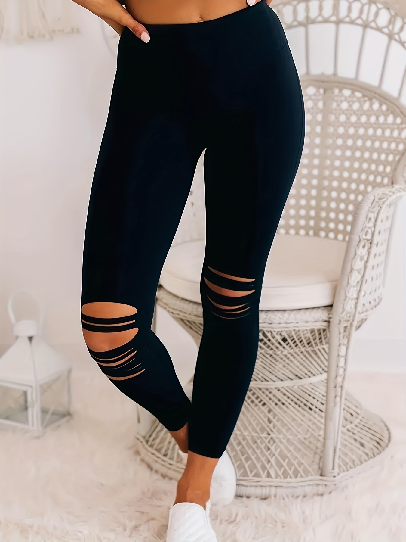 Solid Ripped Leggings, Casual High Waist Long Length Workout Leggings,  Women's Clothing