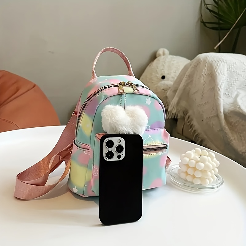 Kids Colorful Backpack w/Plush Love Charm Cute Nylon Gift
