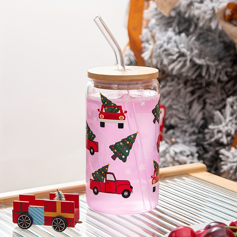 Ice Coffee Cup With Bamboo Lid And Glass Straw Santa Claus - Temu