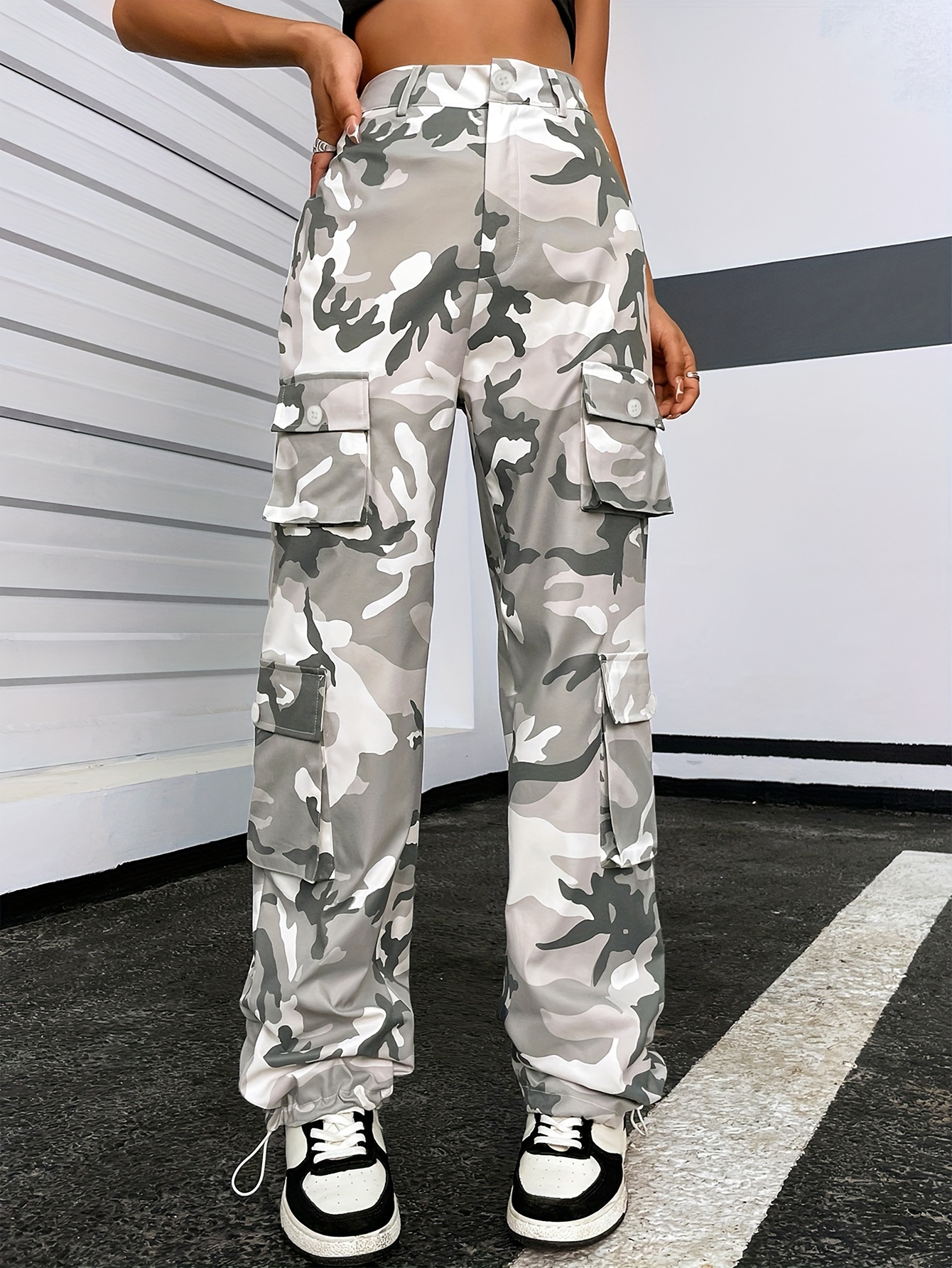 Pantalones militares para mujer, con bolsillos tipo cargo, cintura alta,  pantalones largos sueltos