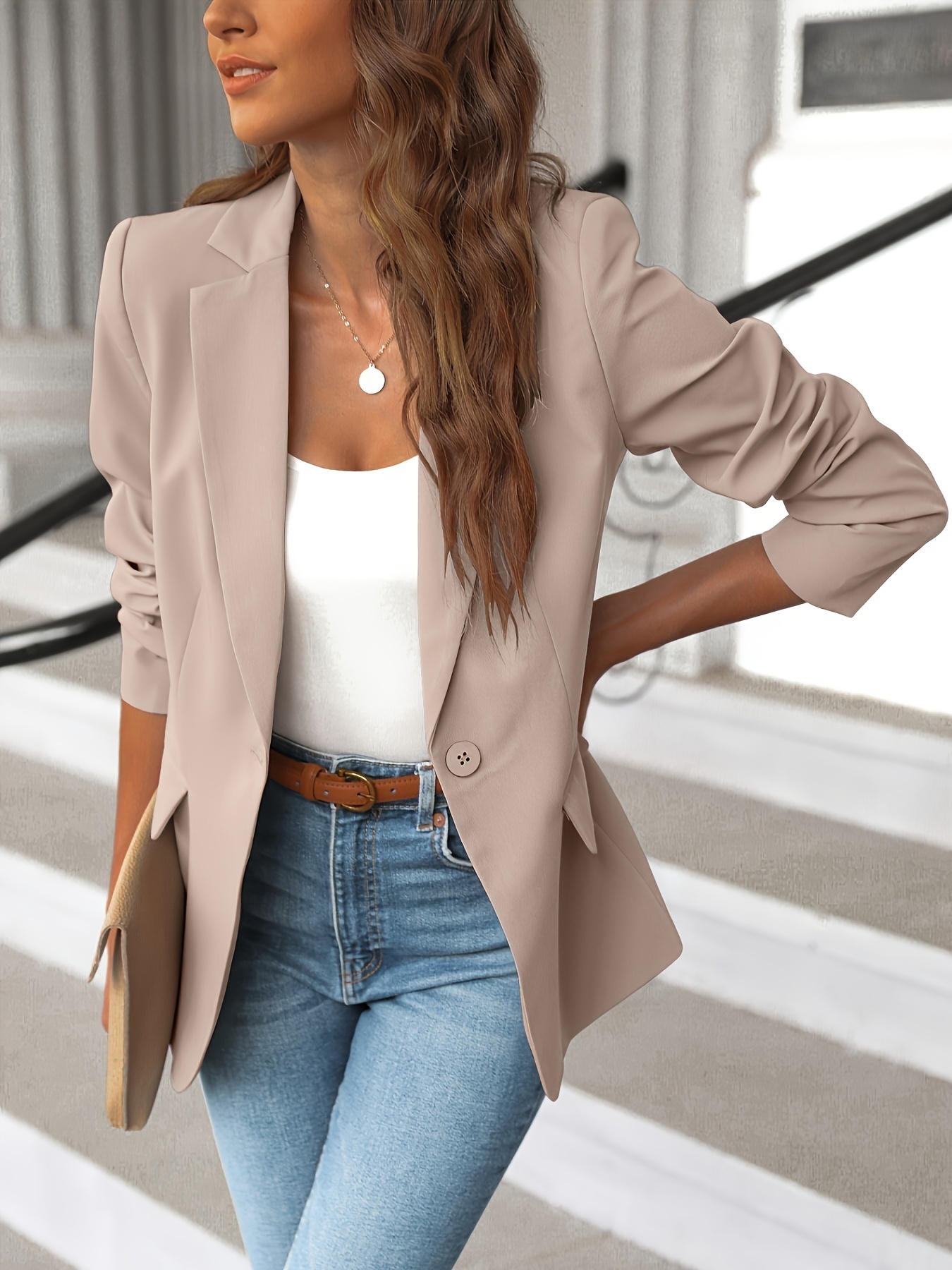 Women's Lapel Pockets Blazer Suit Long Sleeve Work Office Jacket