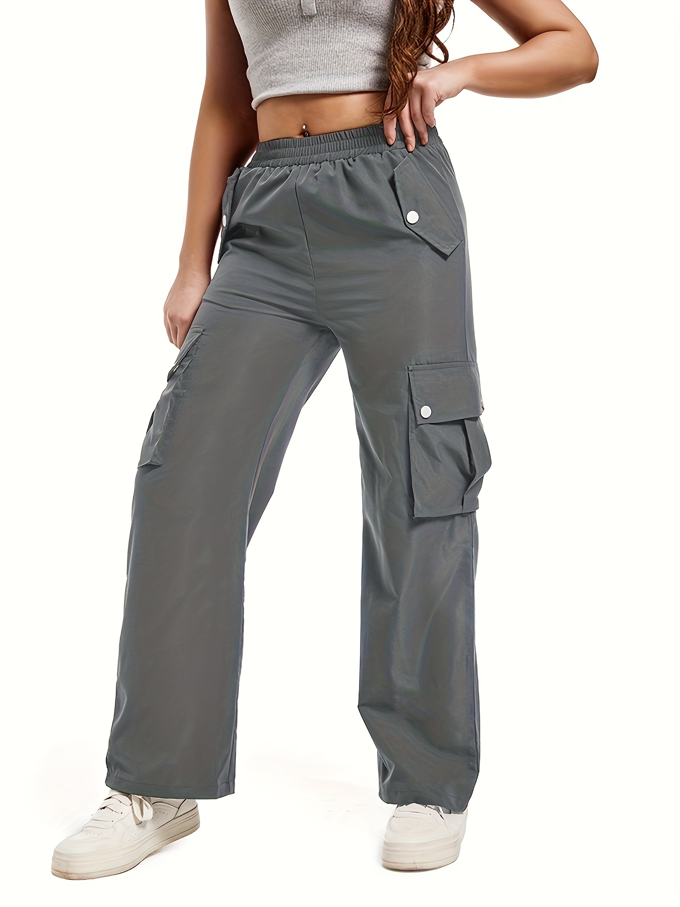 Women's Elastic High Waist Flap Pocket Cargo Pants Grey 