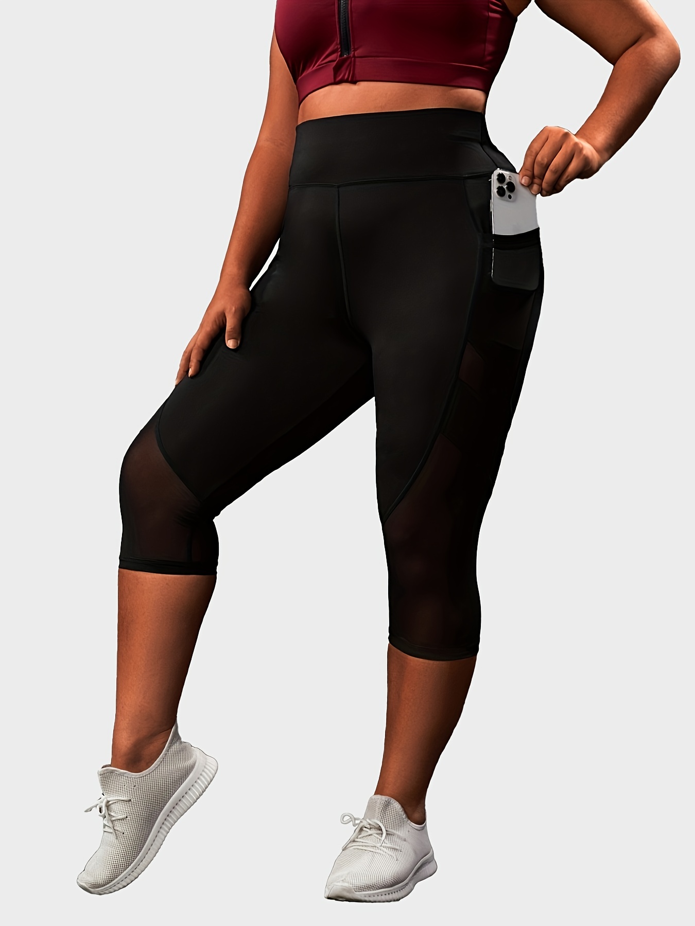 Plus Size Sports Leggings, Women's Plus Solid Contrast Mesh High * Medium  Stretch Fitness Capri Leggings