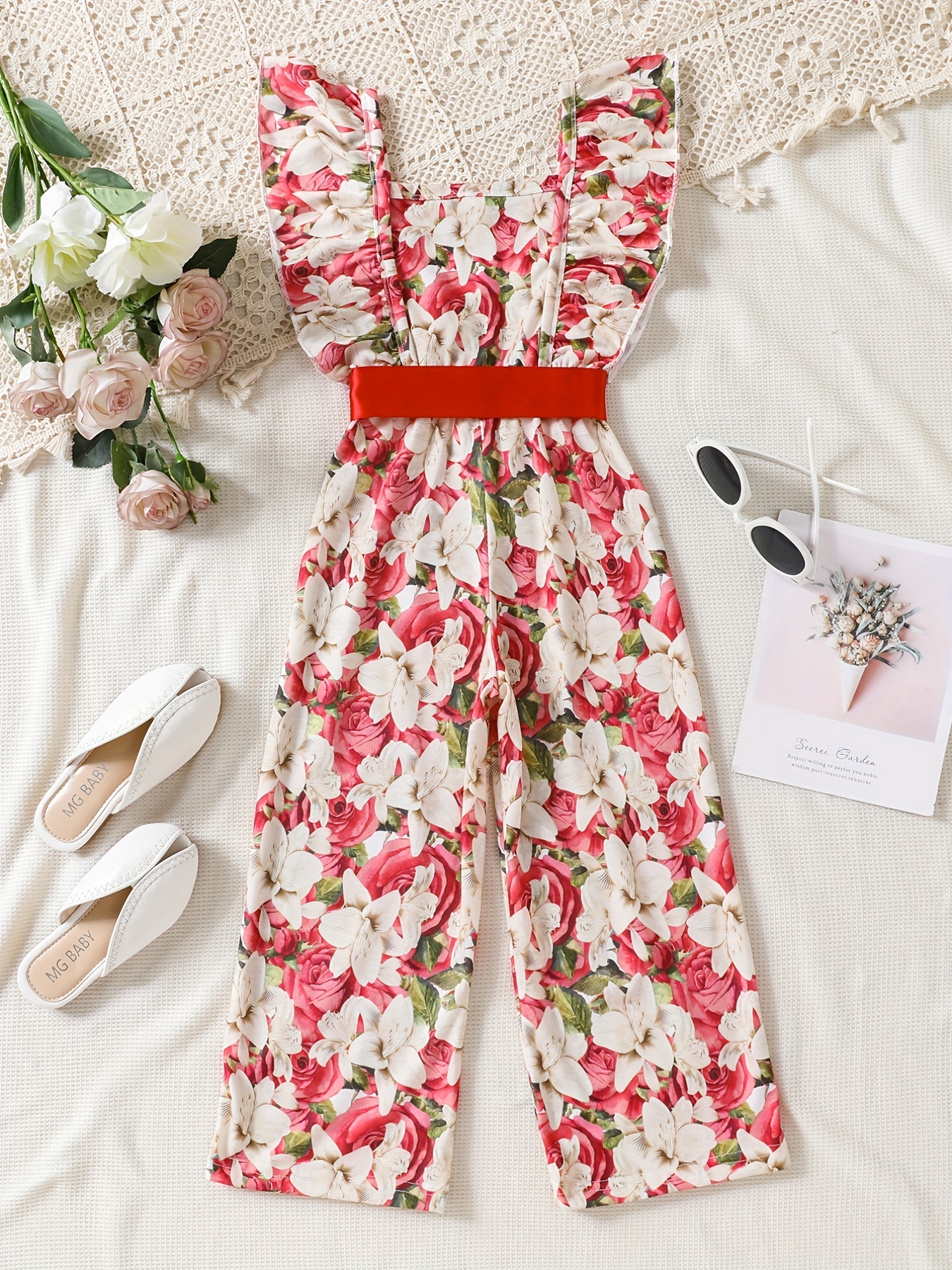 Girls Bow Floral Print Ruffle Sleeve Rompers