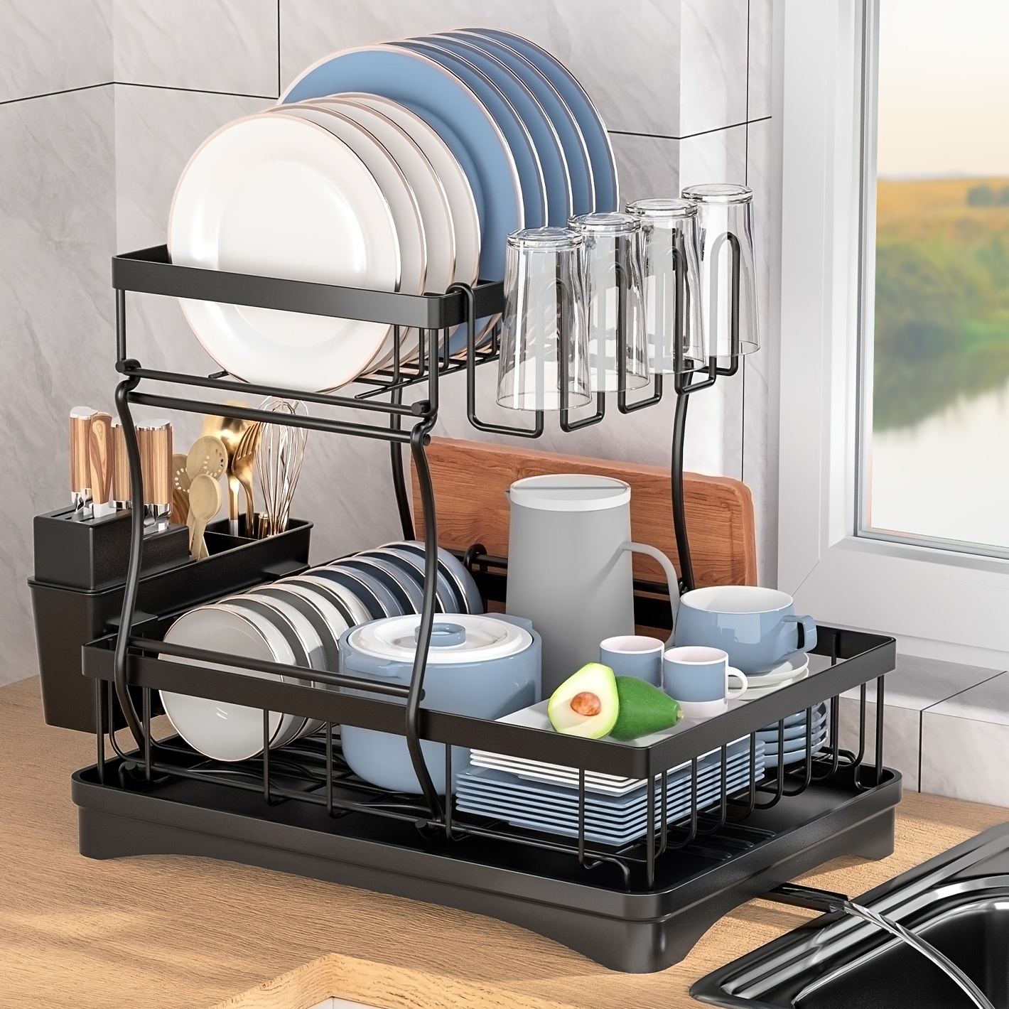 Dish Drying Rack For Kitchen Counter, 2-tier Dish Racks, Extra Large Dish  Drying Rack With Drainboard, Dish Strainer With Utensil Holder, Kitchen  Accessories - Temu Spain
