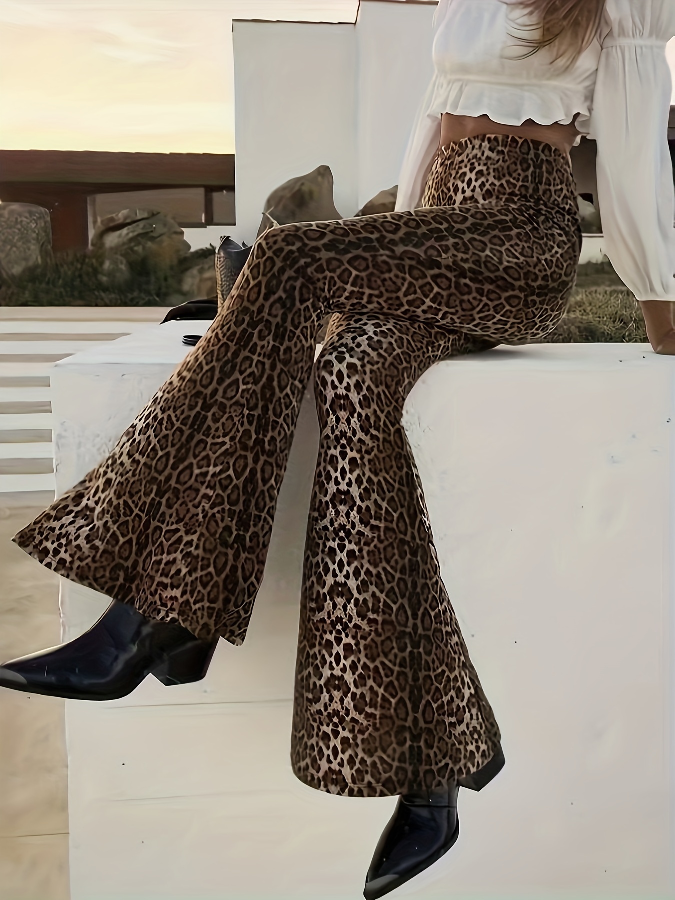 Leopard Print Flare Leg Pants Elegant Long Length Pants - Temu Canada