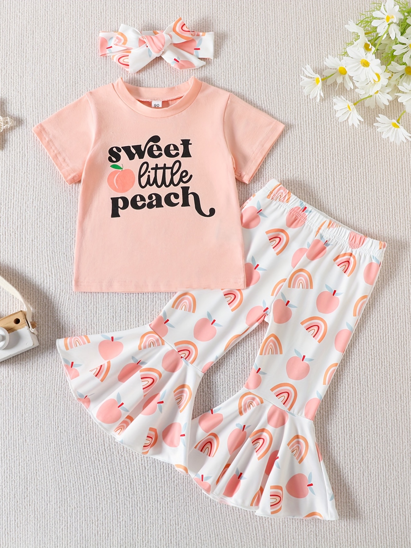 3pcs Baby Girls Cute "Sweet Little Peach" T-shirt & Flared Pants & Headband Set Clothes