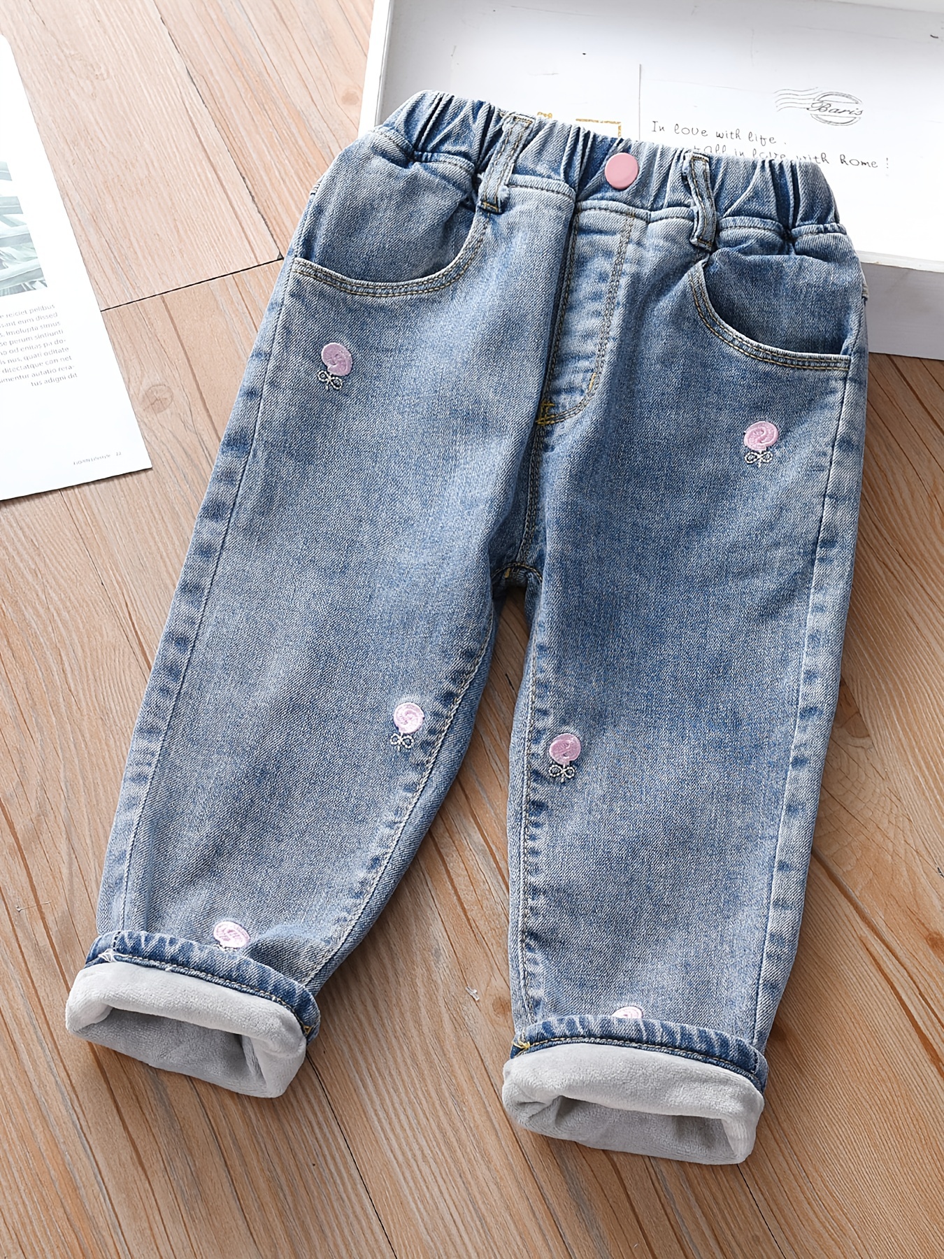 Cute Hearts Graphic Jeans For Young Girls, Pull-on Casual Straight Denim  Pants For All Seasons