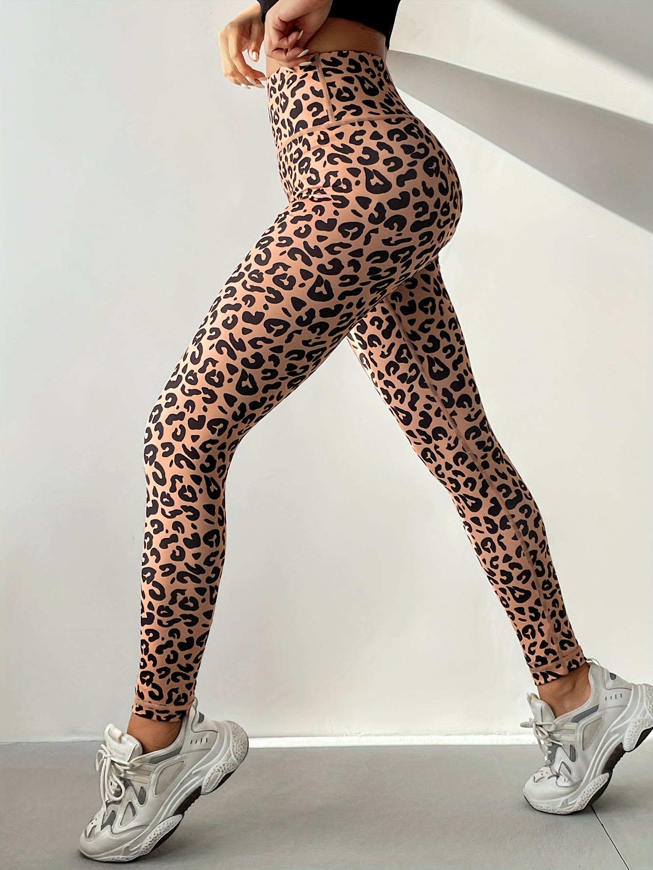 Leopard Print Running Workout Leggings High Elastic Slim - Temu Canada