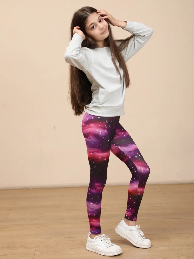 2pcs Girls Stretchy Starry Nigh Graphic Leggings Comfy Pants Kids Gift
