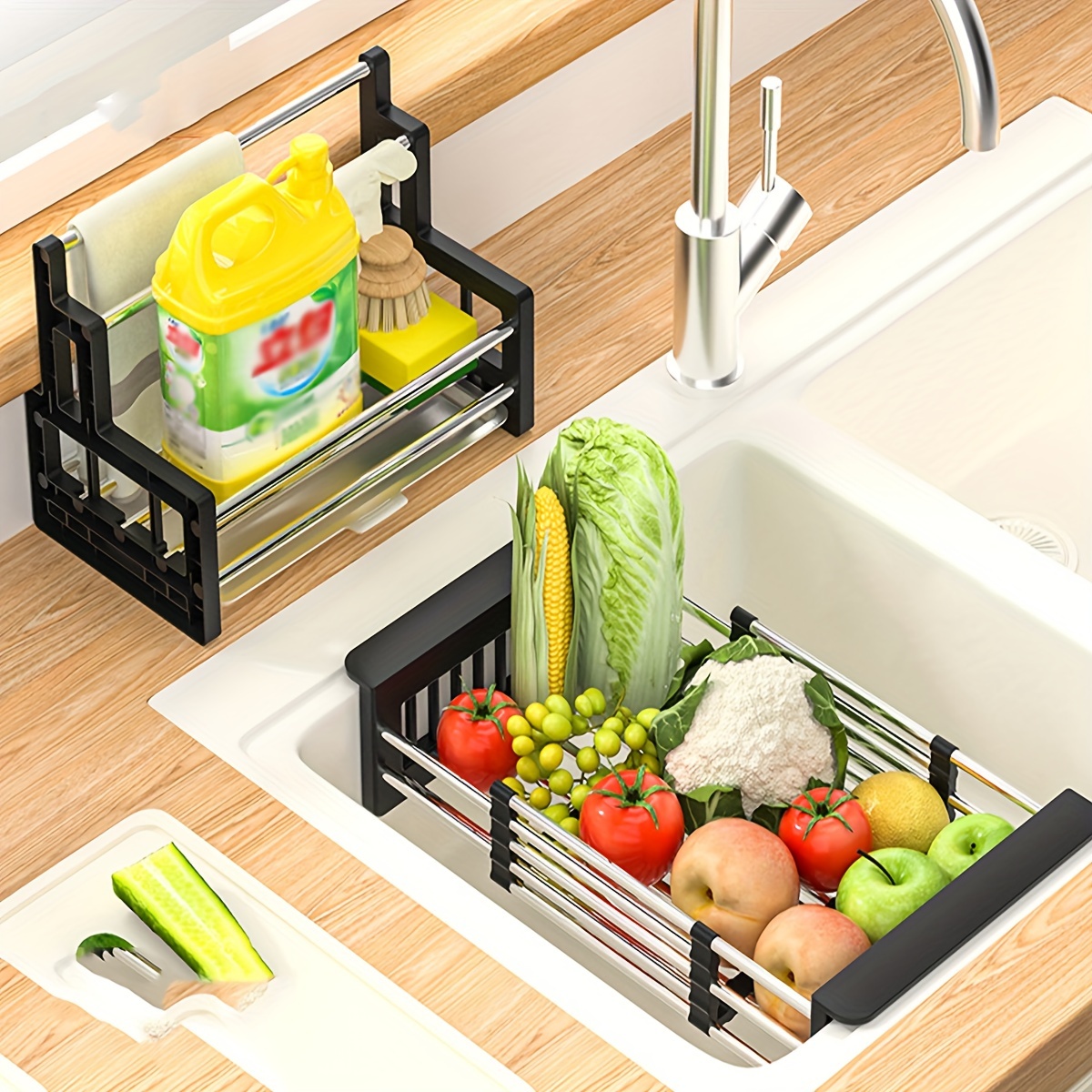  Escurridor de platos sobre el fregadero, estante escurridor de  platos de acero inoxidable, organizador de encimera de cocina, para  organización de mostrador de cocina, con 5 ganchos utilitarios (color negro  A