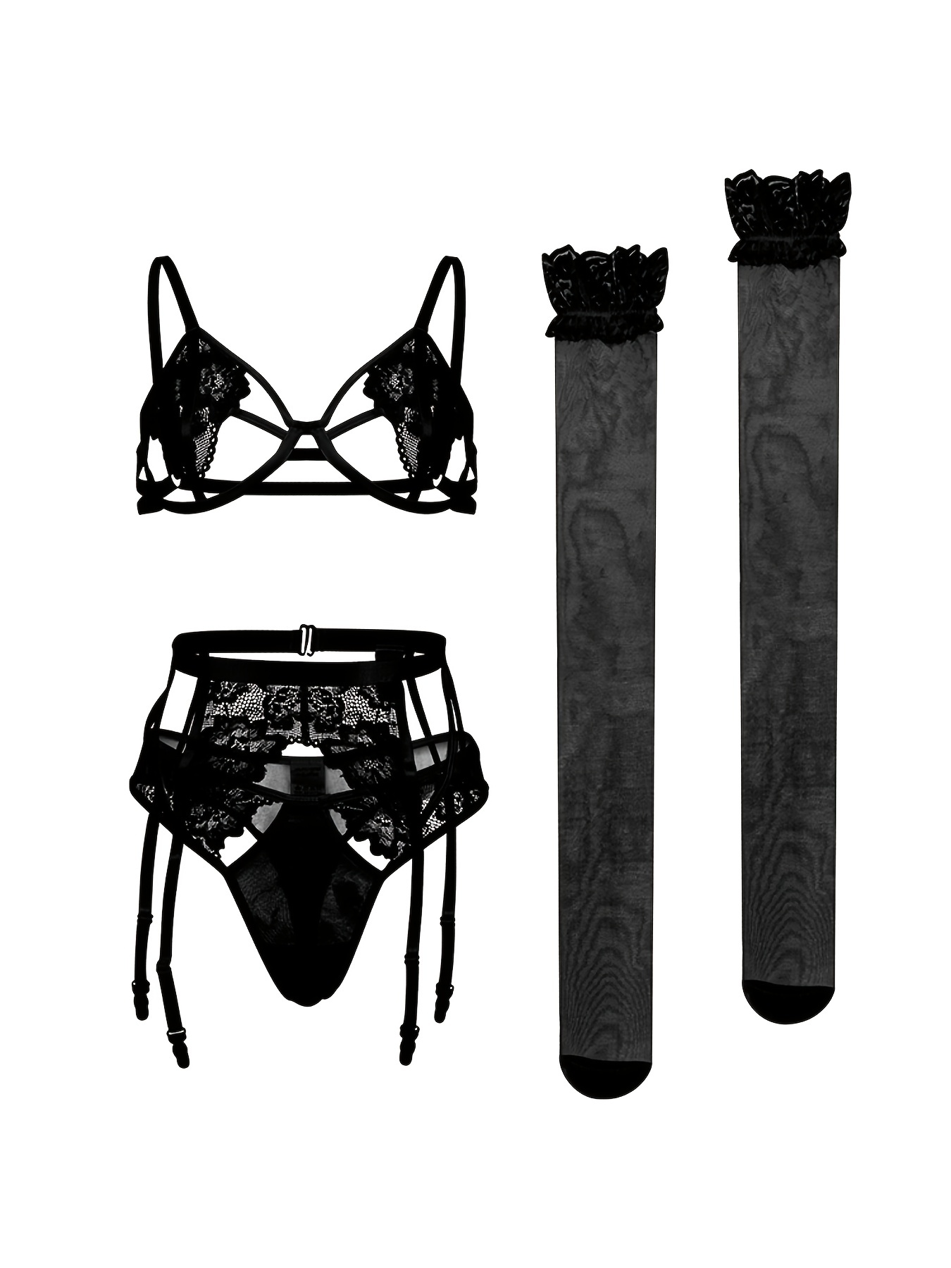 Black Harnes Strap Lace Bra And Panties Set