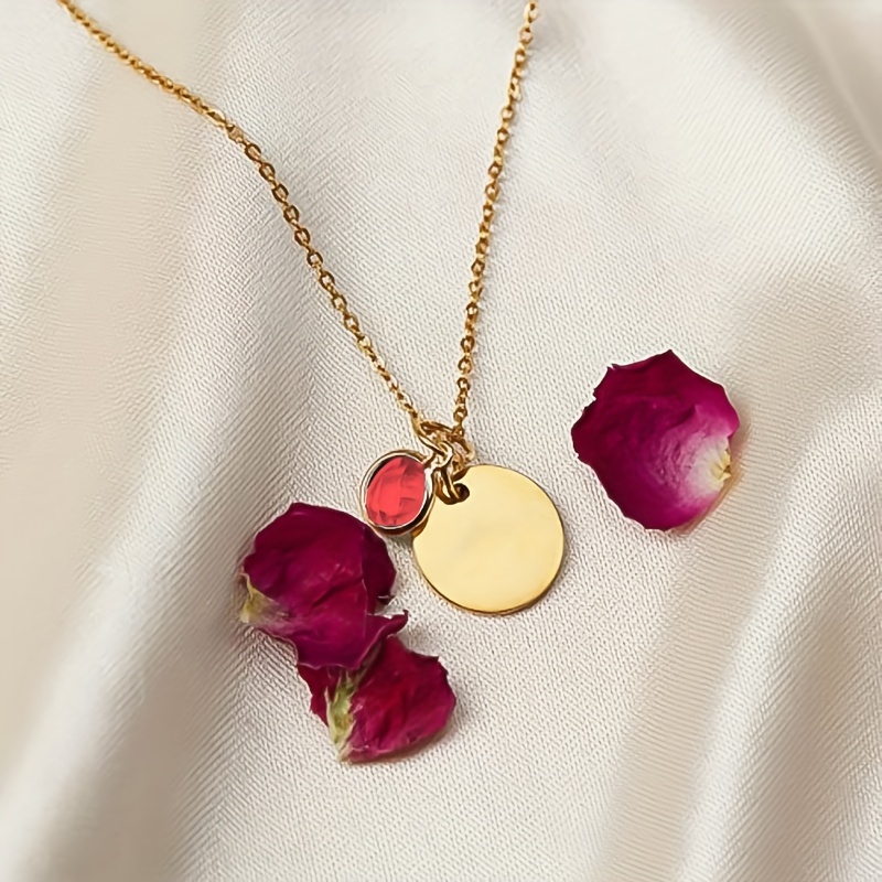 TEMU Personalized Custom Laser Engraved Name And Anniversary Stainless Steel Round Pendant Necklace Birthstone Pendant Clavicle Chain Women's Jewelry