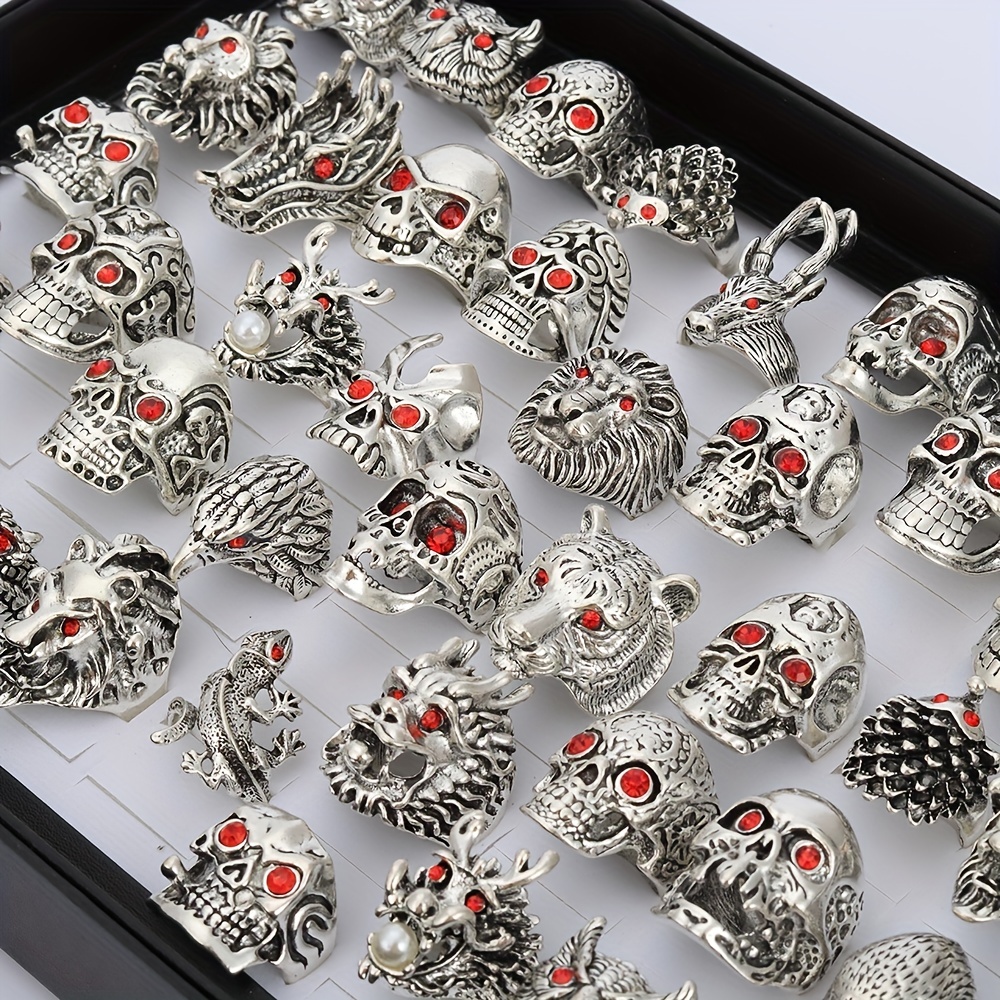 

10/20pcs Retro Gothic Skull Rings With Red Rhinestones, Exquisite Men's Accessory Jewelry Ornament, For Daily Wear, For Banquet Party Holiday Halloween Gift