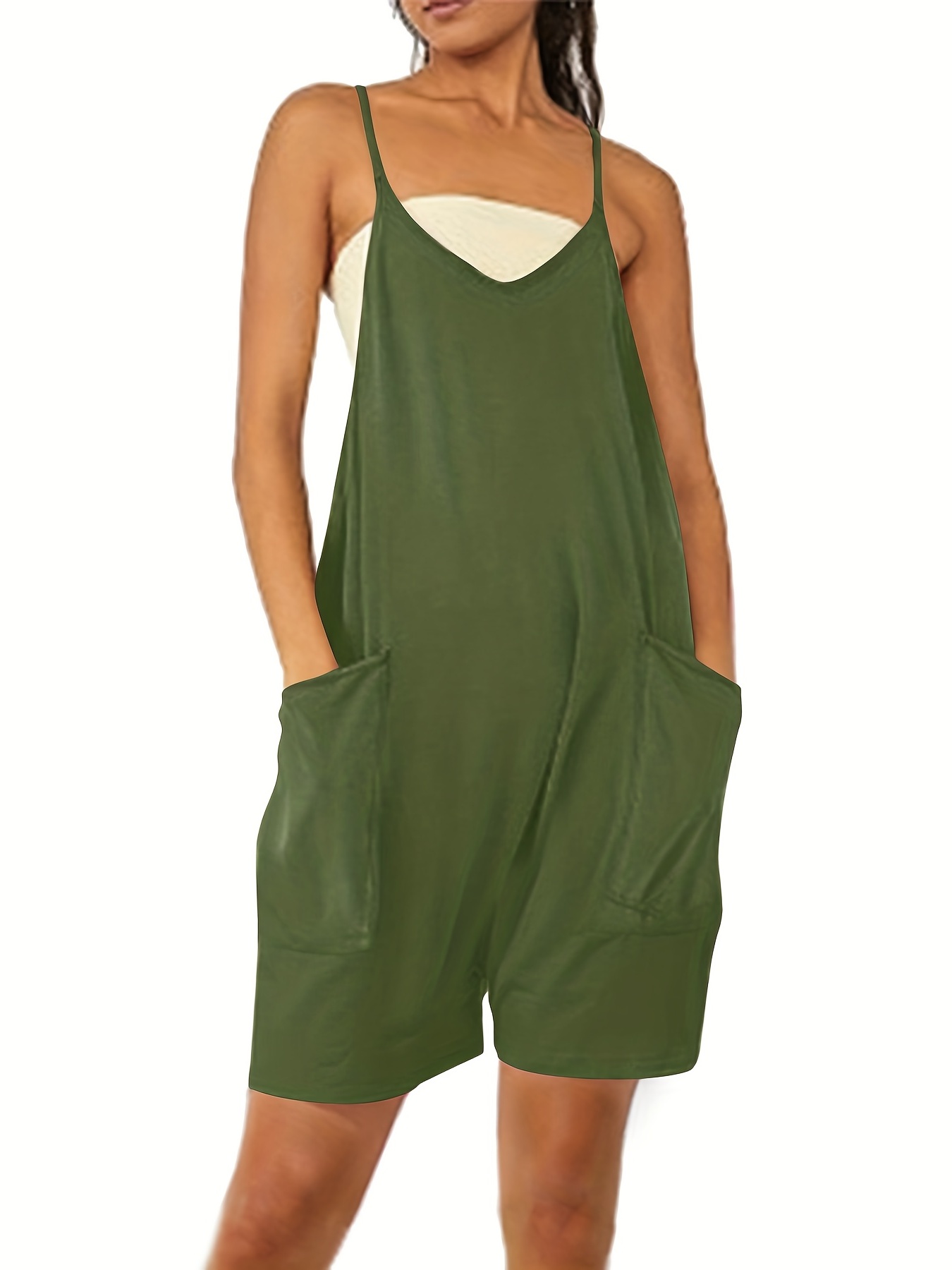 V Neck Sleeveless Romper, Solid Casual Pocket Jumpsuit For Summer & Spring,  Women's Clothing