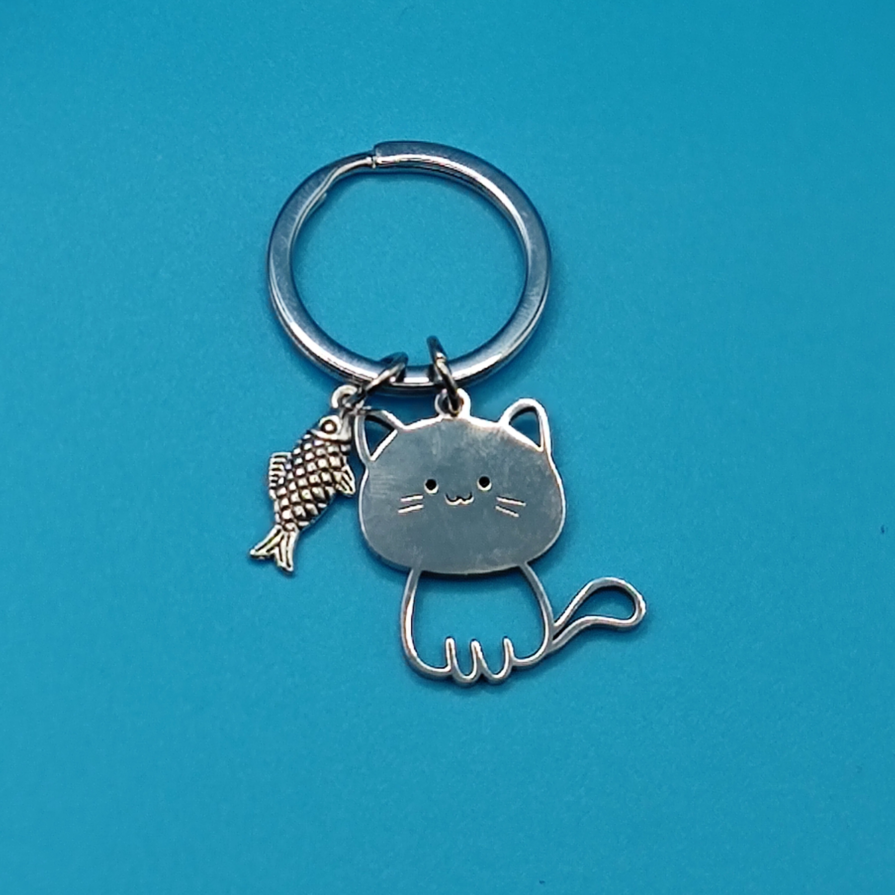 Cat Eating Fish Stainless Steel Key Ring for Men, Cute Cartoon Cat Ornaments Key Chain,Temu