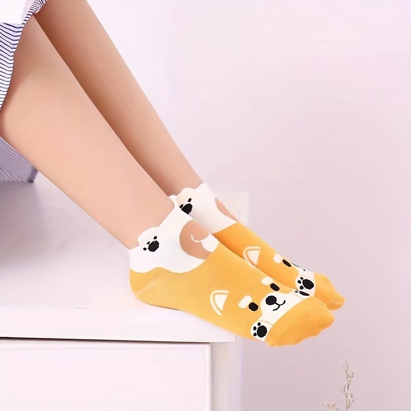 

5 Pairs Girl's Cartoon Animals Pattern Knitted Low Cut Socks, Comfy Breathable Soft Crew Socks For Outdoor Wearing