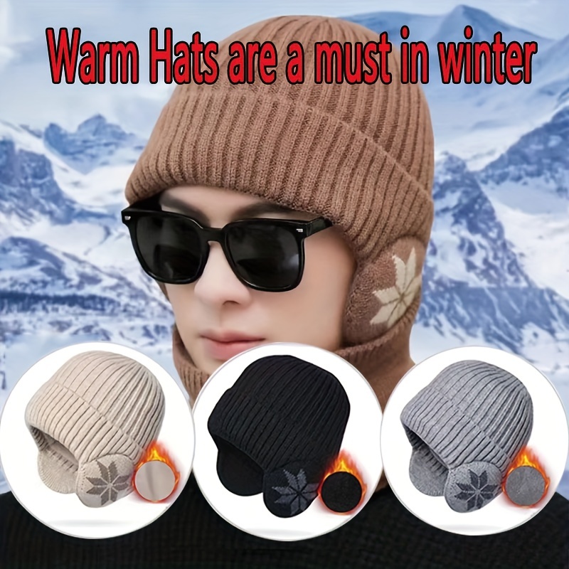 Winter Warm Velvet Ear Protection Woolen Knitted Hats, Men's Outdoor Thickened Warm Hat, for Outdoor Cycling, Hiking, Fishing,Temu