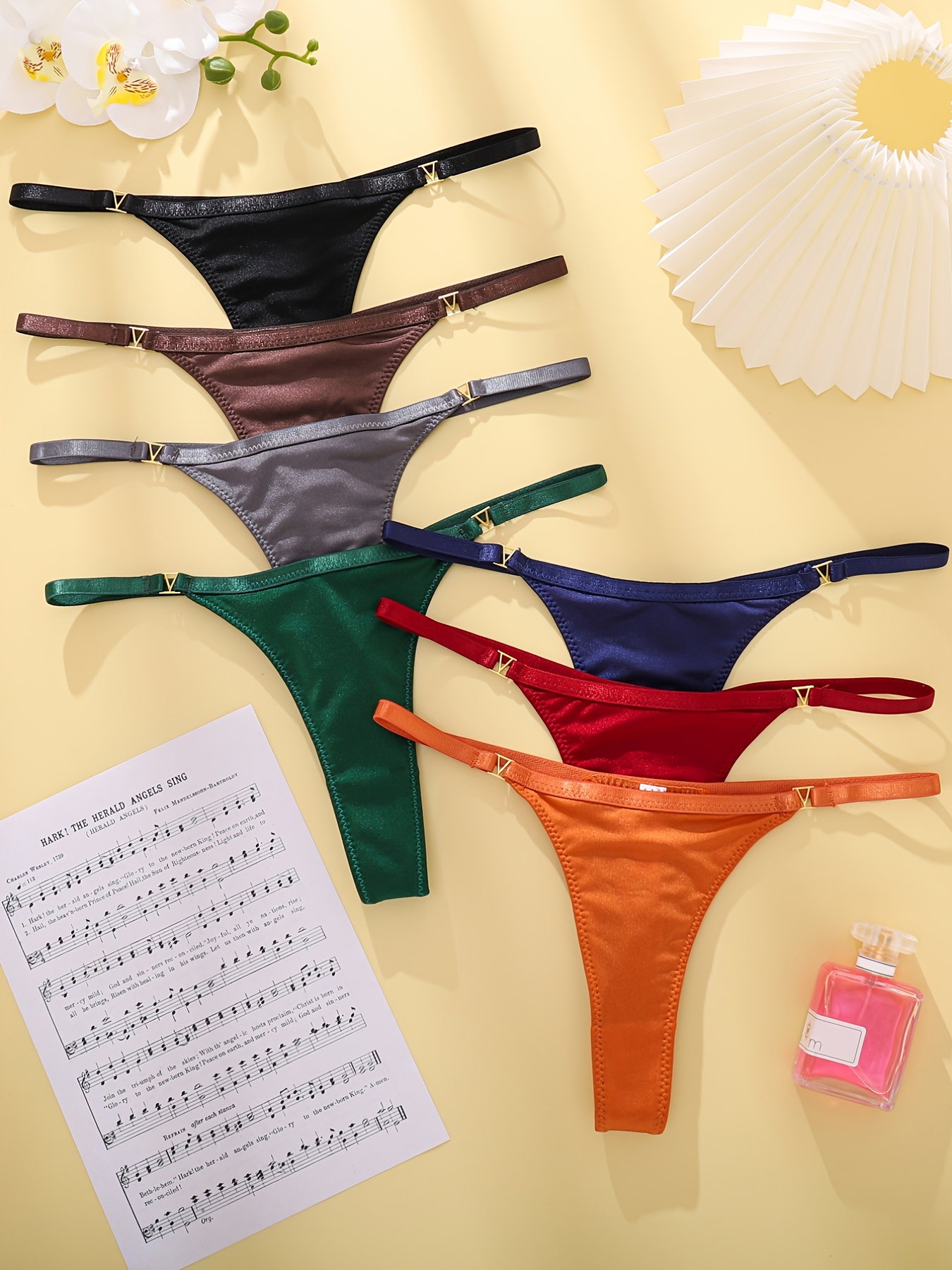 7pack Metal Decor Candy Color Thong Panties, Respirável e Macio