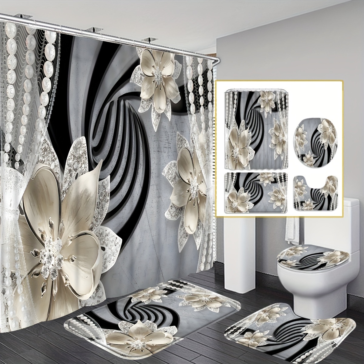 

1/4pcs Crystal Flower Pearl Pattern Shower Curtain Set, Waterproof Bath Curtain With 12 Hooks, U-shaped Mat, Toilet Cover Mat, L-shaped Mat, Bathroom Accessories, Bathroom Decor