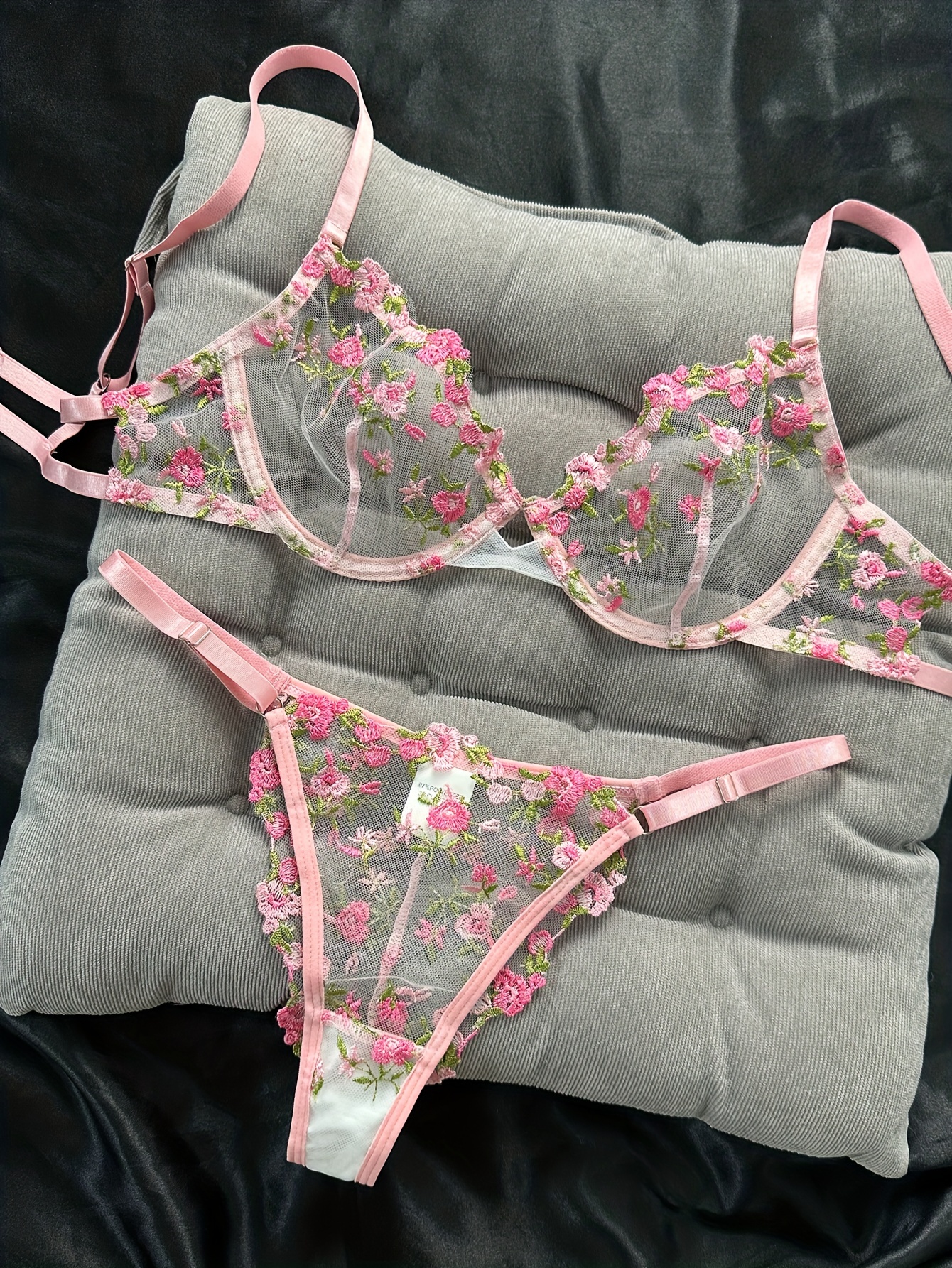 Plant Embroidery Lingerie Set Mesh Unlined Bra Thong Women's - Temu Canada