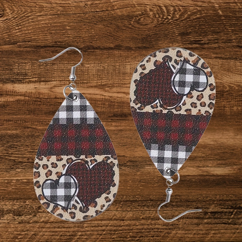 Leopard Pattern PU Leather LOVE Teardrop Shape Earrings For Men Gift