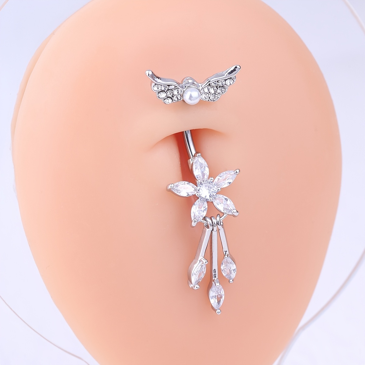 Zircon Flower Tassel Drop Belly Button Ring Stainless Steel Belly Piercings Jewelry For Unisex