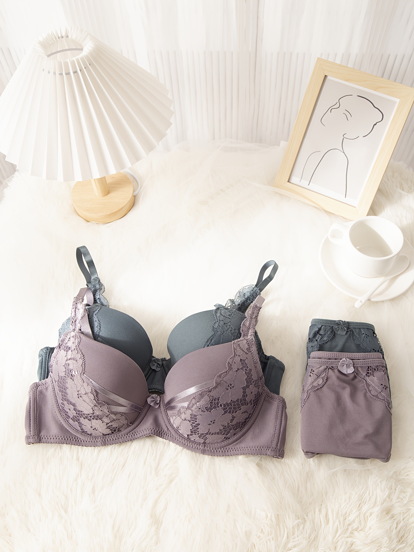 2 Sets Contrast Lace Bra & Panties, Push Up Bra & Elastic Panties Lingerie  Set, Women's Lingerie & Underwear
