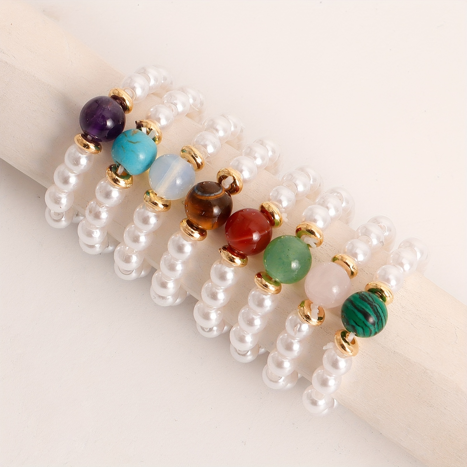 

8pcs Boho Style Stacking Rings Made Of Spherical Beads 18k Plated Multi Colors For U To Mix And Match Match Daily Outfits