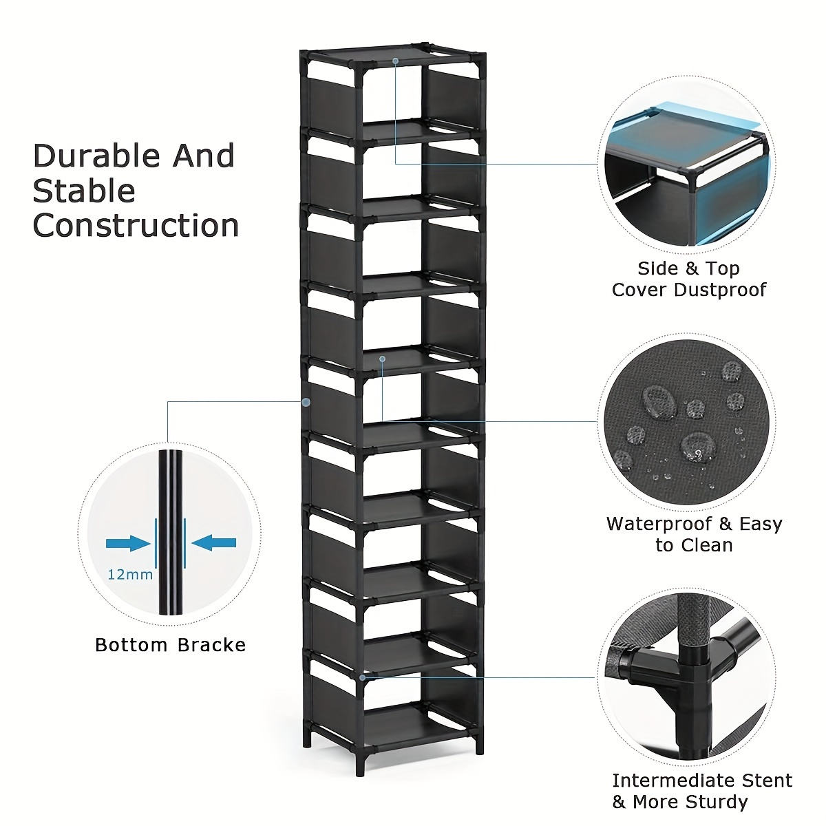 10-Tier Gray Color Shoe Rack With Dust-Proof & Fabric Cover, Easy To Diy  Assemble And Disassemble